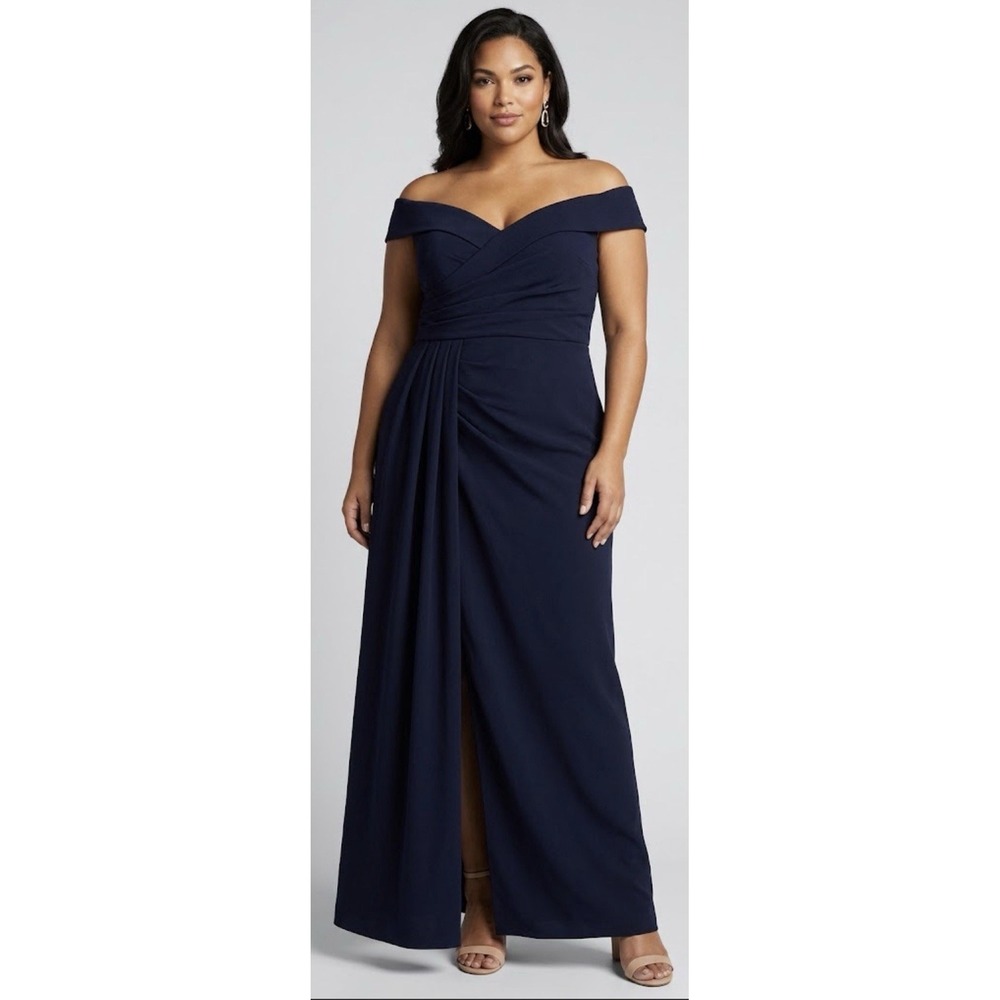 Eliza J Pleated Off Shoulder Gown Dress Size 20W $218 Navy Blue Crepe